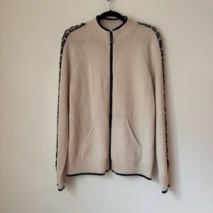 St John Sport Wool Mock Neck Sweater Cream Knit Full Zip Jacket, size M